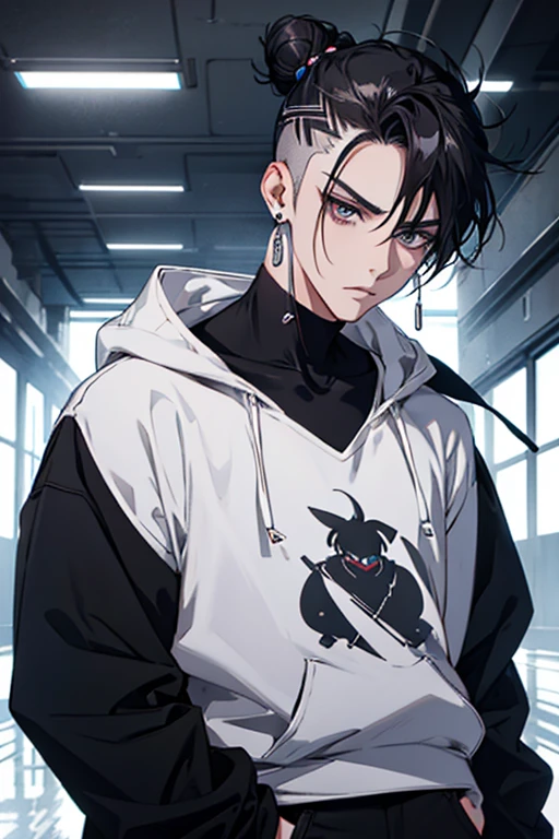 Anime man gradient young white hair low on shaved sides turns hair bun to the left side in the middle serious face with black earrings black sweatshirt Speed jeans futuristic clothes black dark circles big black hair big brown hair extremely futuristic clothes futuristic clothes