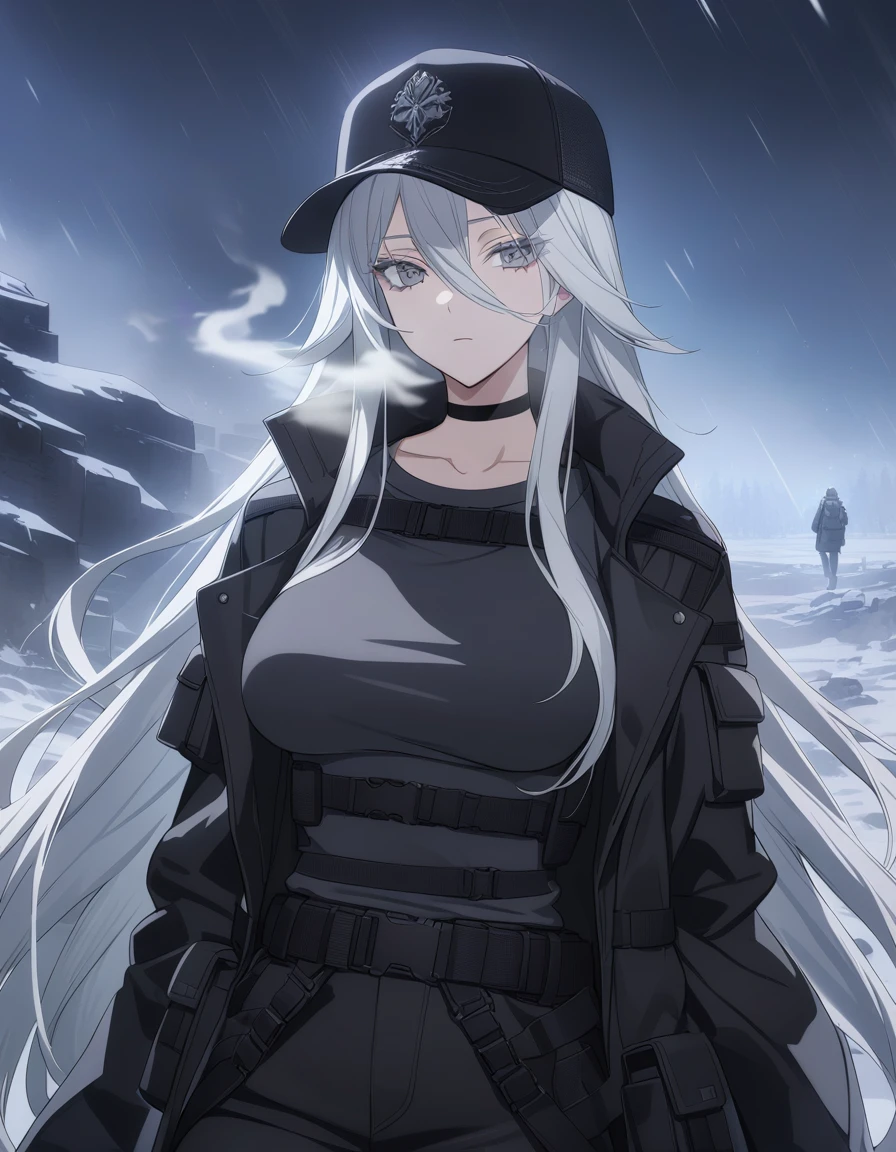 sovetsky_Soyuz, grey hair, long hair, tactical jacket, winter jacket, black pants, choker, webbed belt, tactical, pouches, first rate breasts, grey eyes, sharp eyes, Long eyelashes, eye shadow, ominous vibe, expressionless, stoic, relaxing, Ultra quality, UHD, high detail, anime aesthetic, Anime screenshot, Ultra quality, UHD, high detail. Winter, snowstorm, battlefield, breath vapor, smoking, cigarette, trucker cap
