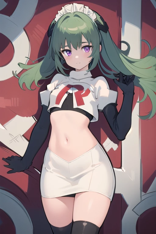 (best quality:1.3),(masterpiece:1.3),(illustration:1.3),(ultra-detailed:1.3),(imid shot:0.9),
1girl,solo,short neck,small breasts,
purple eyes,
twintails, maid headdress,green hair, team rocket,team rocket uniform,white skirt,red letter R,crop top,black thigh-highs,black elbow gloves