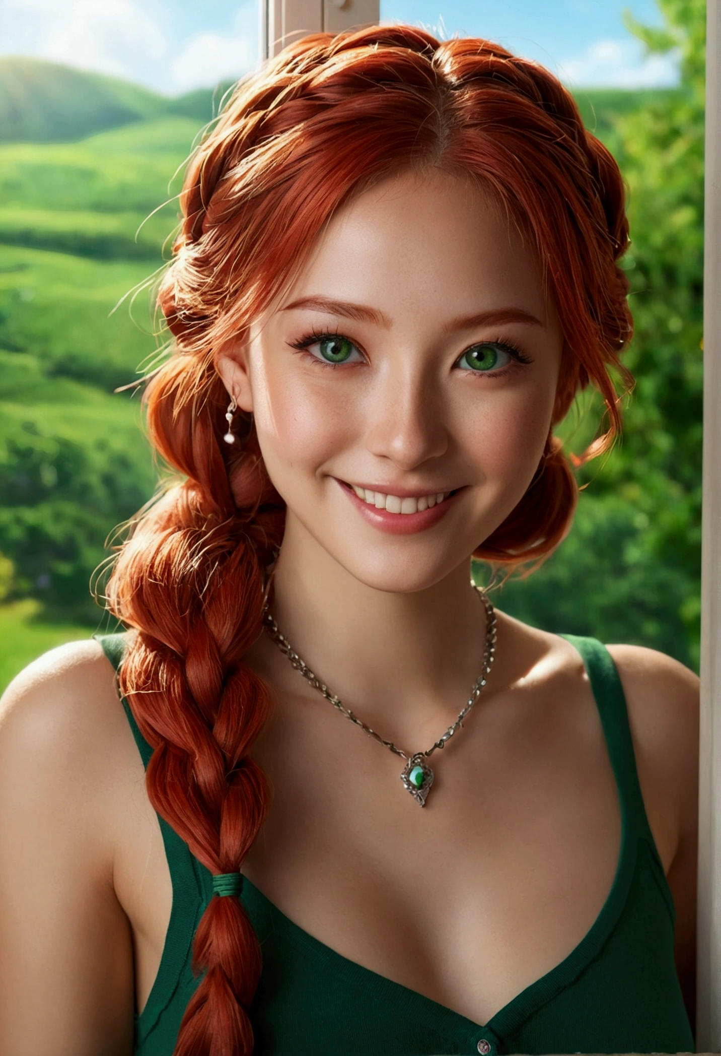 8k, raw photography, Portlate, Transformed、Kamimei、smooth fur、premium, 超High resolution、clavicle、one piece、braids、window、photorealistic, 1 girl, full bodyesbian, Red hair, green eyes、piercings, a smile, eyelashes, light, Depth of fields, Lens flare