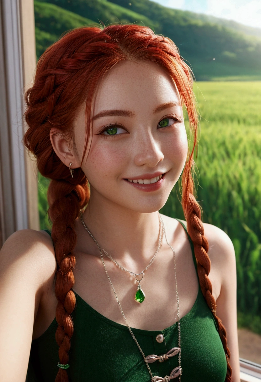 8k, raw photography, Portlate, Transformed、Kamimei、smooth fur、premium, 超High resolution、clavicle、one piece、braids、window、photorealistic, 1 girl, full bodyesbian, Red hair, green eyes、piercings, a smile, eyelashes, light, Depth of fields, Lens flare