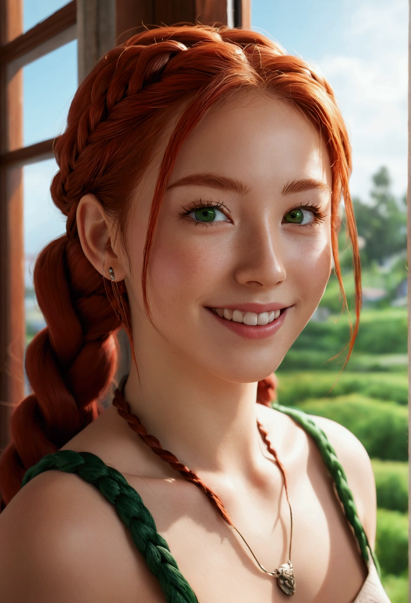8k, raw photography, Portlate, Transformed、Kamimei、smooth fur、premium, 超High resolution、clavicle、one piece、braids、window、photorealistic, 1 girl, full bodyesbian, Red hair, green eyes、piercings, a smile, eyelashes, light, Depth of fields, Lens flare