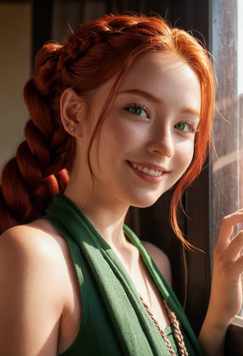 8k, raw photography, Portlate, Transformed、Kamimei、smooth fur、premium, 超High resolution、clavicle、one piece、braids、window、photorealistic, 1 girl, full bodyesbian, Red hair, green eyes、piercings, a smile, eyelashes, light, Depth of fields, Lens flare