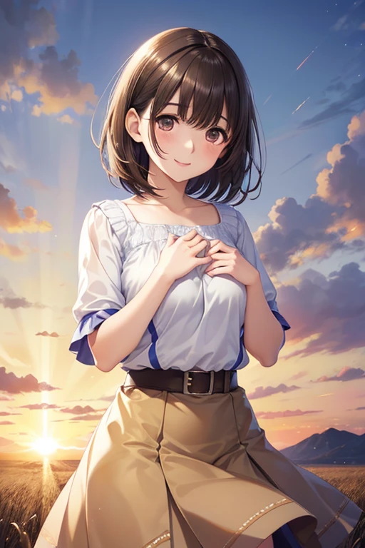 anegasaki nene、Shiny brown hair, short hair, (Beautiful brown eyes、Sparkling eyes, Fine grain)、smile、Ultra-detailed eyes、Highly detailed face, Highly detailed eyes,


masterpiece, Highest quality, High resolution,  short hair, , sunset, Field, Are standing, Place your hand on your chest,
