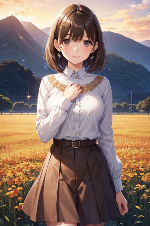 anegasaki nene、Shiny brown hair, short hair, (Beautiful brown eyes、Sparkling eyes, Fine grain)、smile、Ultra-detailed eyes、Highly detailed face, Highly detailed eyes,
masterpiece, Highest quality, High resolution, short hair, , sunset, Field, Are standing, Place your hand on your chest,