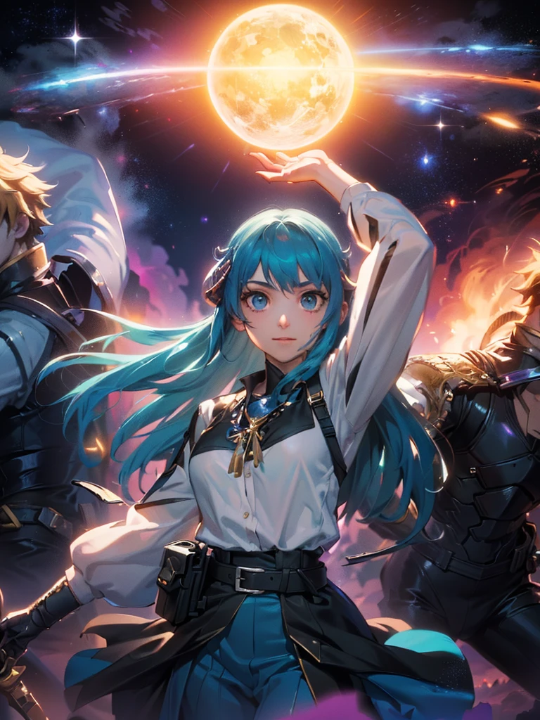 personagens em um campo com um fundo de céu, anime arte principal, isekai popular, capa de anime, visual principal do romance visual, isekai, anime em estilo fantasia, arte da capa da novela leve, visual principal do anime, official visual principal do anime, arte principal anime sharp focus, 25 melhores séries de anime de fantasia. Extremely detaild, intricate, 8K, HDR, natural light, cinematic lighting, masterpiece-anatomy-perfect, ultra HD, Space Battlefield, Unreal Engine, RAW photo, metallic, professional, ultra-fine painting, perfect body proportions, anatomically correct, uhd, real texture material, Anti-Aliasing, FKAA, TXAA, RTX, SSAO, Post Processing, Post Production, Tone Mapping, CGI, VFX, SFXHyper maximalist, Volumetric, ultra photorealultra-detailed intricate details