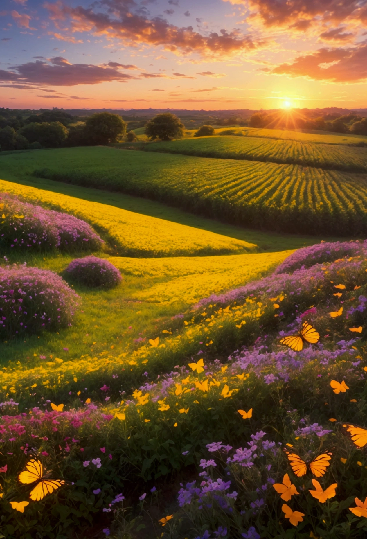 high resolution,  work of art, field full of flowers, colorful butterflies,  sunrise scenery.