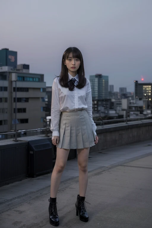 night, Tokyo night view,On the rooftop,((1 girl)), Solitary, masterpiece, 8k wallpaper, high resolution, absurd, High quality background, short hair, Black Hair, Snow, moon,school uniform, 细节school uniform, beautiful eyes, Detailed eyes, long legs,High heel