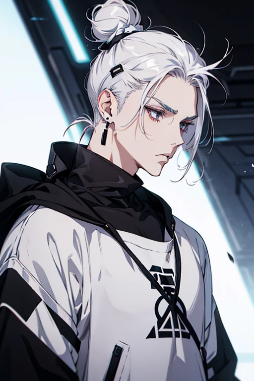 Anime man gradient young white hair low on shaved sides turns hair bun to the left side in the middle serious face with black earrings black sweatshirt Speed jeans futuristic clothes black dark circles big black hair big brown hair extremely futuristic clothes futuristic clothes
