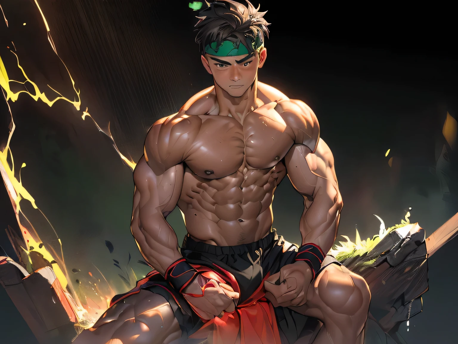 ((masterpiece, best quality)), (((((black background, deep night, bust shot))))), (19 year old boy, worm eyes, Young boy, muscler, Shirtless, topless), ((((1boy, flesh, tough, reliable, developed body, blue and green aura effect, holding aura energy)))), (Dark Short straight hair, ((almost completely shaved hair)), under cut, brown eyes), (((red headband, black wristband))), Vivid colors, ((hot Abs:1.2, abs!, big abs, big breast:1.2, chest!, muscler upper arms, toned body, athletic body)), muscler!, muscler body, detailed face, detailed muscle, (((rippling muscles, boxing stance)))