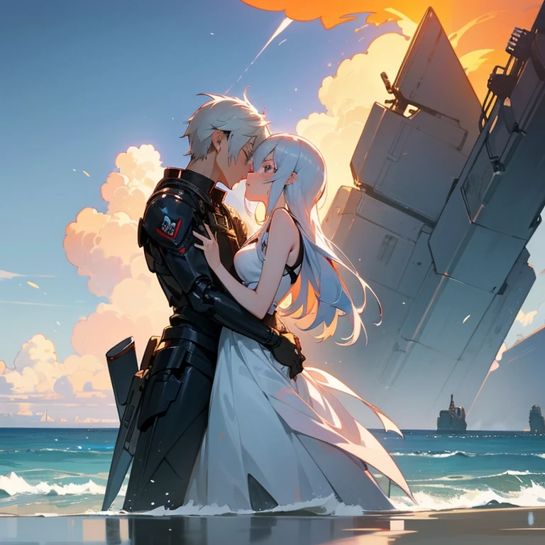 anime couple kissing on the beach by the ocean, en medio de una War , work of art in the style of futuristic , , from frontline guys, War , anime girl with a mecha dress, Guweiz and Pixiv Artstation, guweiz masterpiece, fine details. frontline boy, boy white hair-blue eyes. In the middle of a battle of ephos, telianthropos, futuristic firearms. fire, dust, evening