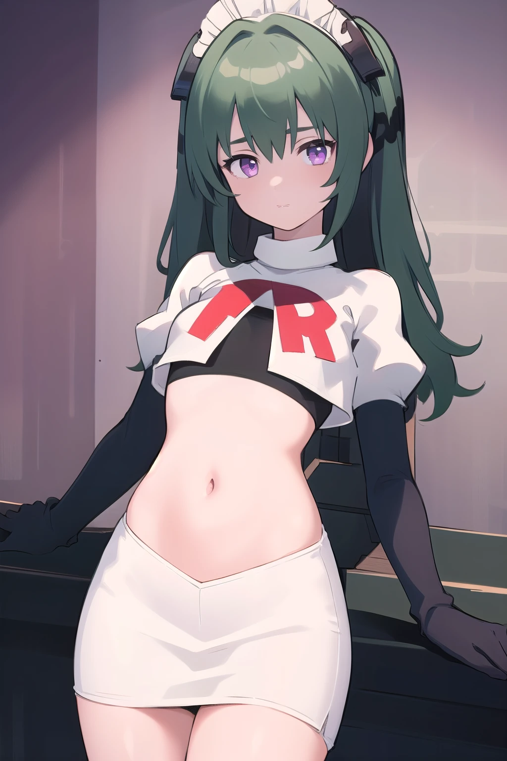 (best quality:1.3),(masterpiece:1.3),(illustration:1.3),(ultra-detailed:1.3),(imid shot:0.9),
1girl,solo,short neck,small breasts,
purple eyes,
twintails, maid headdress,green hair, team rocket,team rocket uniform,white skirt,red letter R,crop top,black thigh-highs,black elbow gloves