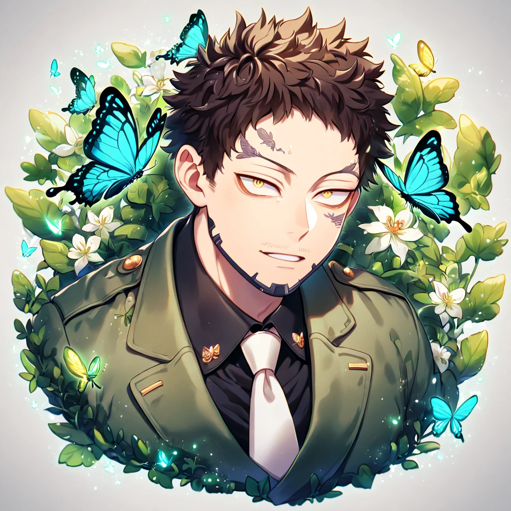absurdres, highres, ultra detailed, HDR, master piece, best quality, extremely detailed face, delicated features, Overhaul, dark brown hair, short hair, short bangs, expressive yellow eyes, long eyelashes, Boku No Hero Academia, solo, sexy man, handsome, mature face, dark green jacket with fur, black shirt, white necktie, white gloves, fantasy, magical, butterflies, summer, green leaves, flowers, water