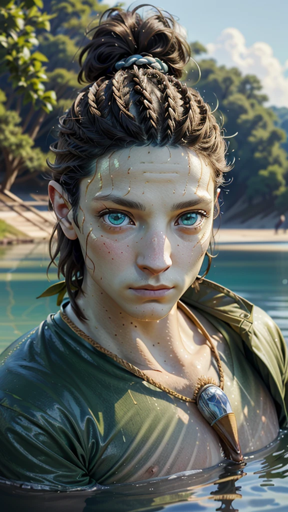 ((ultra detailed, masterpiece, absurdres))
1man, beard, white skin, green eyes, dark blond hair, looking at viewer, portrait, in a lake, short hair, 