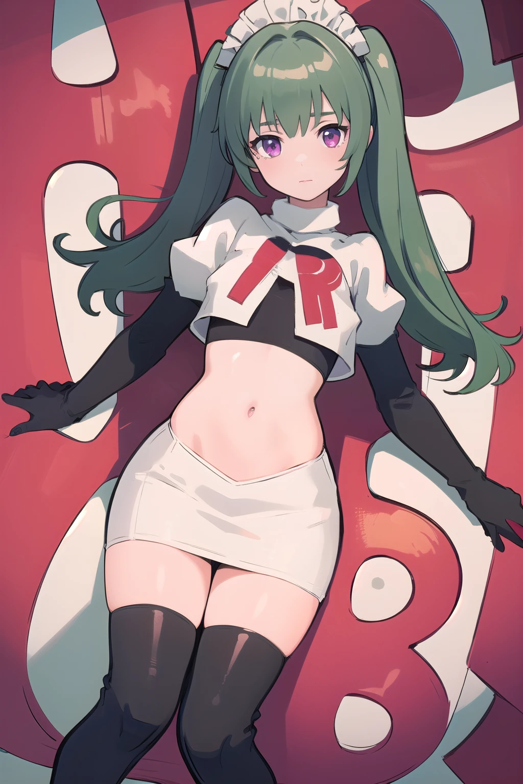 (best quality:1.3),(masterpiece:1.3),(illustration:1.3),(ultra-detailed:1.3),(imid shot:0.9),


1girl,solo,short neck,small breasts,



purple eyes,


twintails, maid headdress,green hair, team rocket,team rocket uniform,white skirt,red letter R,crop top,black thigh-highs,black elbow gloves