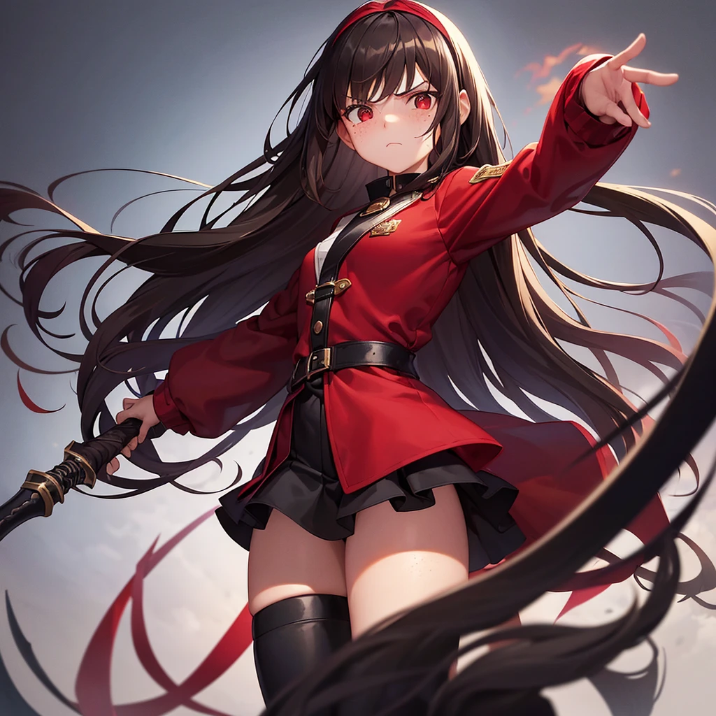 1 girl, long brown hair, red eyes, Freckles, fair skin, black headband, red jacket, black top, black skirt, black boots, long black socks, serious facial expression, Red ribbon, a sword in his hand