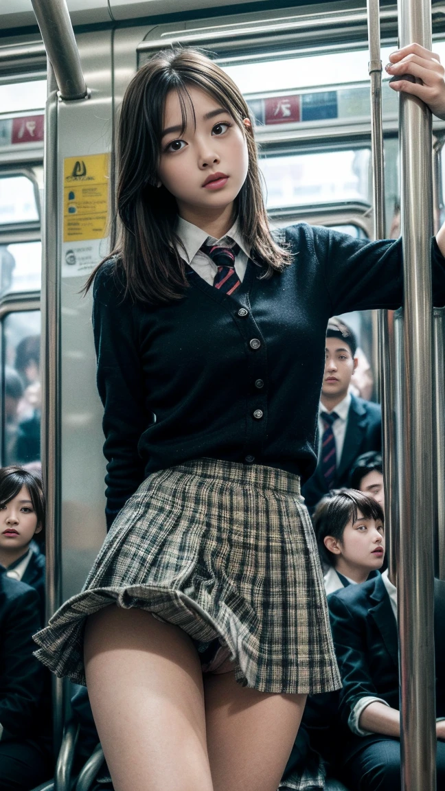 masterpiece, Highest quality, 8k, Young and beautiful girl, Baby Face、The clothes are big、photo shoot, Cute Face, Thighs, (((A lot of men、crowded train、in the train、Surrounded by men))) (((Embarrassing)))、Embarrassing、No makeup, 10 generations, Detailed face, Background Blur、Tight waist、((((School uniforms、White shirt、Checked mini skirt、Lift up your skirt、Showing pussy、Show me your pussy)))), short hair、Light brown hair、((痛みに耐えながら自分でLift up your skirtください..))、Bright classroom、Thighs、Spread your legs、short hair、(Droopy eyes、Round face、Lovely)