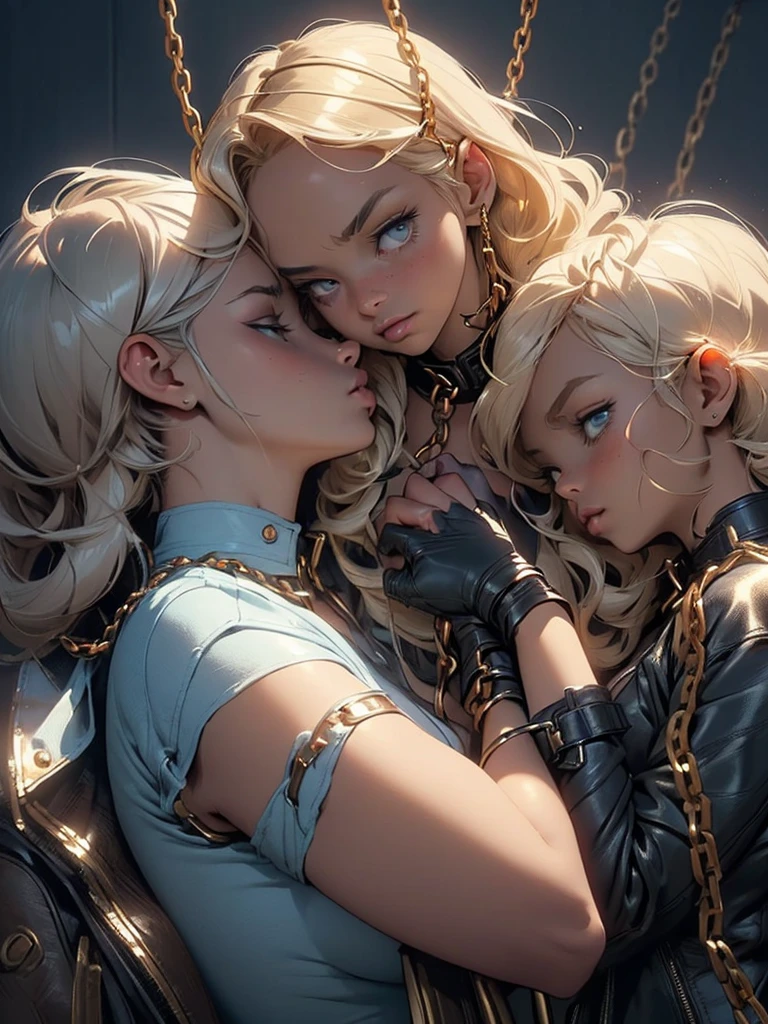 (superflat, masterpiece, flat shading, flat colors:1.1), Cinematic shot, Masterpiece, ((3 females, lesbian orgy, lesbian sex scene)), european, (3 beautiful females), standing female teacher with two girls on a leash, humiliating , golden halo, halo, (hands on neck, choking:1.3), (chained, tied, golden chain, chain around bodies , chained collar, handcuffs, bdsm, rough:1.4), leather gloves, leather, slim, angel wings, (cold light, cold blue tones), flat blue background, highly detailed, best quality, close, low_angle_human