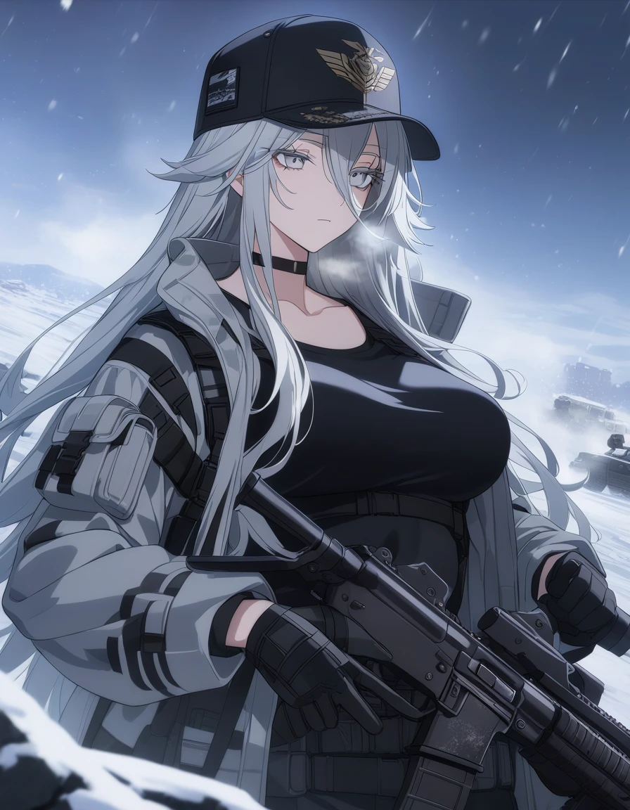 sovetsky_Soyuz, grey hair, long hair, tactical jacket, white winter camo jacket, black pants, choker, webbed belt, tactical, pouches, first rate breasts, grey eyes, sharp eyes, Long eyelashes, eye shadow, ominous vibe, expressionless, stoic, relaxing, Ultra quality, UHD, high detail, anime aesthetic, Anime screenshot, Ultra quality, UHD, high detail. Winter, snowstorm, battlefield, breath vapor, smoking, trucker cap, shemagh, assault rifle, firearm