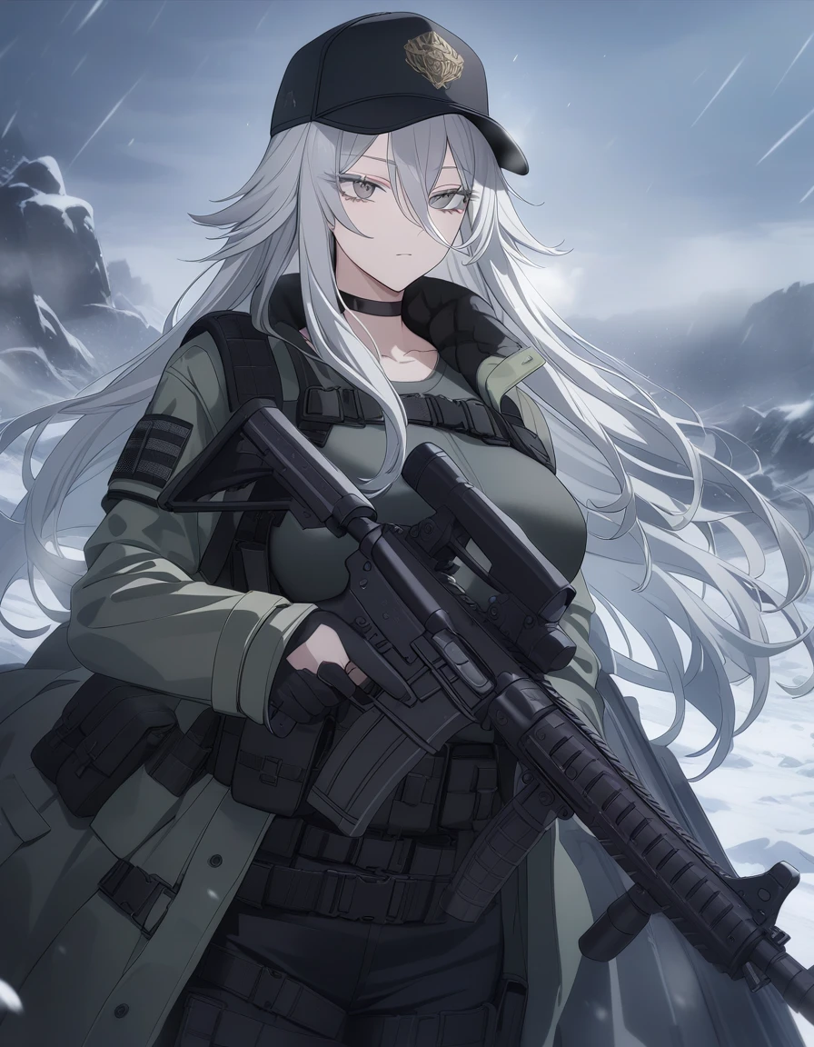 sovetsky_Soyuz, grey hair, long hair, tactical jacket, white winter camo jacket, black pants, choker, webbed belt, tactical, pouches, first rate breasts, grey eyes, sharp eyes, Long eyelashes, eye shadow, ominous vibe, expressionless, stoic, relaxing, Ultra quality, UHD, high detail, anime aesthetic, Anime screenshot, Ultra quality, UHD, high detail. Winter, snowstorm, battlefield, breath vapor, smoking, trucker cap, shemagh, assault rifle, firearm