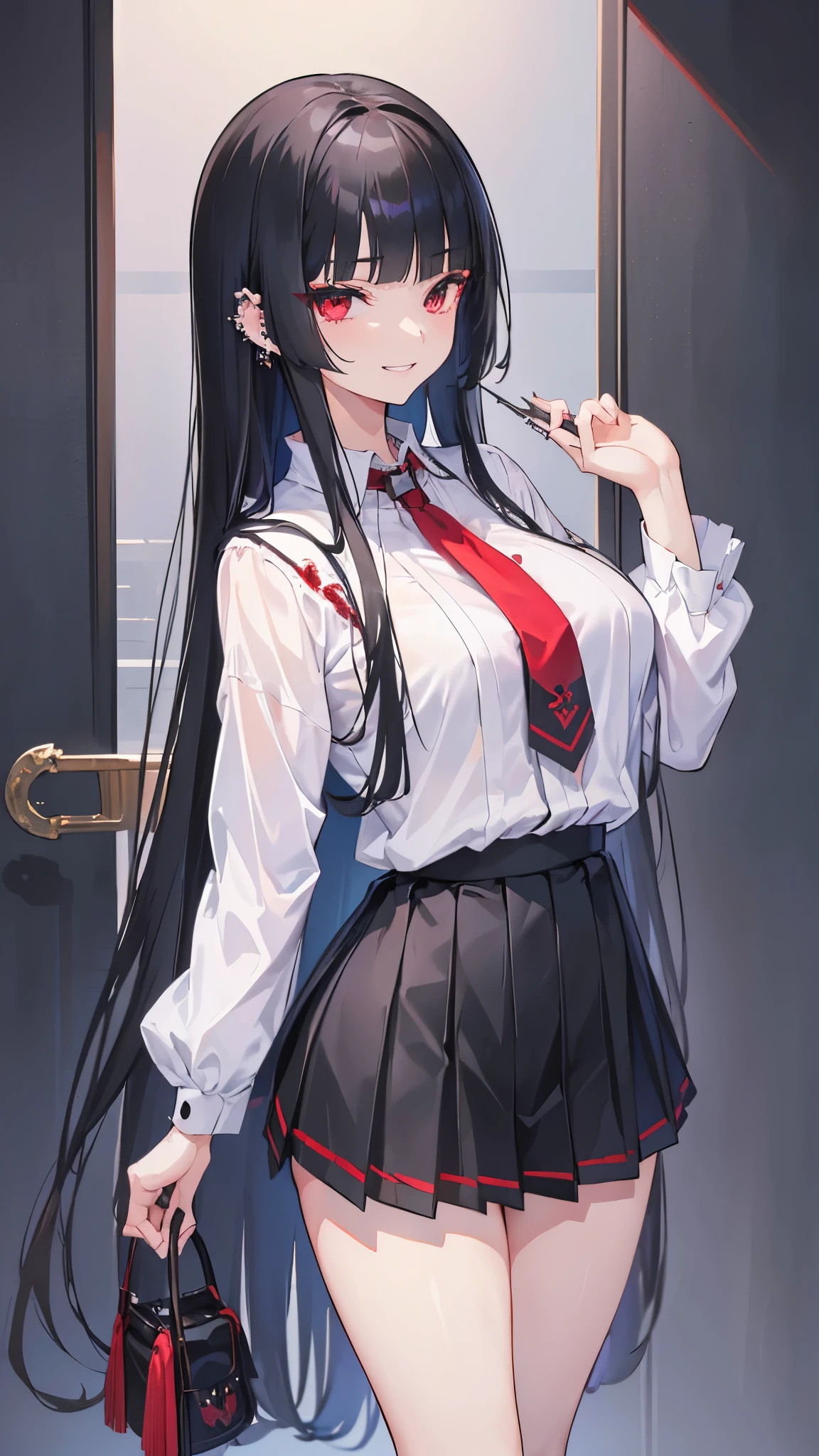(masterpiece、Highest quality、Very detailed))、One girl、Black Hair、Long Hair、blunt bangs、Red eyes、evil smile、((Grin))、((lots of piercing))、((Large Breasts))、((black seraph))、((Black pleated skirt))、((micro miniskirt:1.2))、thighs、Cowboy Shot、Japanese style room background