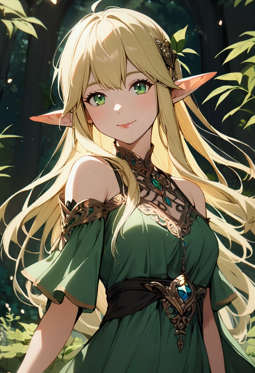 1girl with long blonde hair, green eyes,elven ears, green dress with open shoulders, smile,
