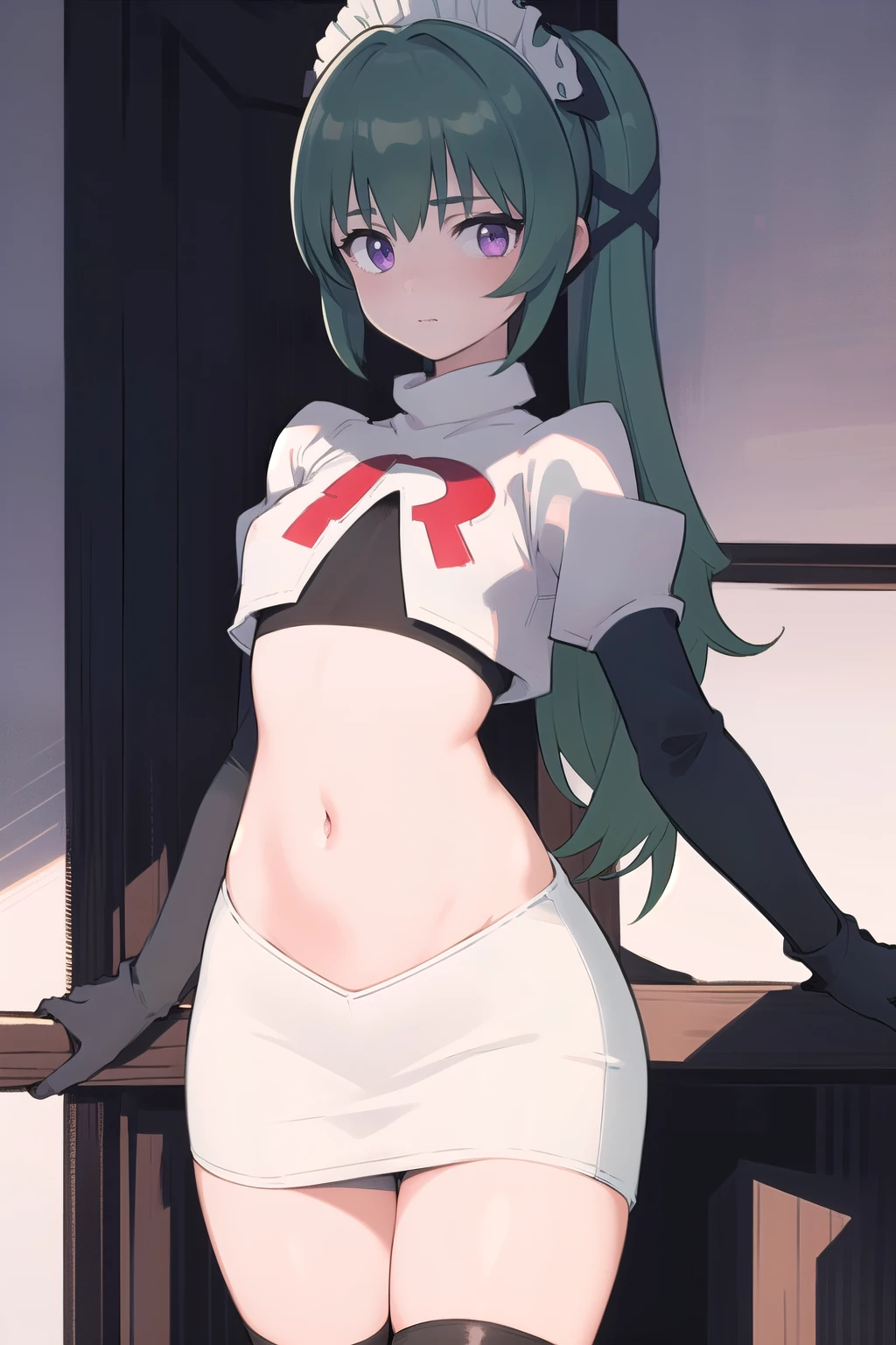 (best quality:1.3),(masterpiece:1.3),(illustration:1.3),(ultra-detailed:1.3),(imid shot:0.9),


1girl,solo,short neck,small breasts,



purple eyes,


twintails, maid headdress,green hair, team rocket,team rocket uniform,white skirt,red letter R,crop top,black thigh-highs,black elbow gloves