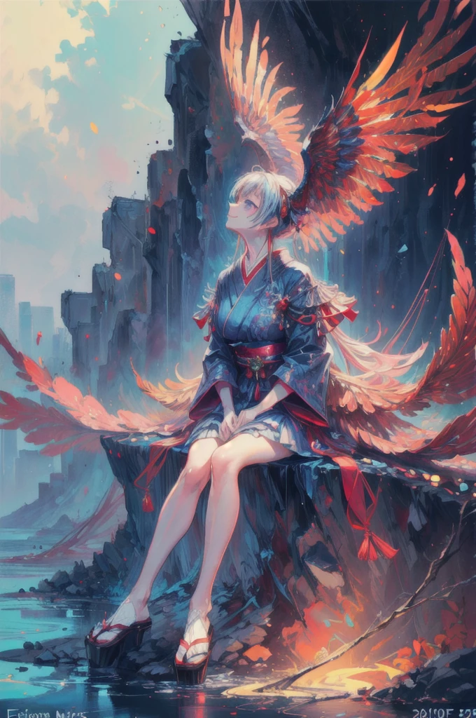 detailed close up of anime girl, reflective deep purple eyes, phoenix wings, BRIGHT COLORS, BRIGHT COLORS, upright posture with arms on ground behind, bright red dress, broad glowing wings, smile with teeth, sitting under misty waterfall, neon red and blue, traditional japanese clothing, ripples, feathered wings, spread wings, solo, upper body, profile picture, lookup up and away, cloth shoes, masterpiece, best quality, mature girl, 20 years old, (femalefocus: 1.5), beautiful eyes,score_9, score_8_up, score_7_up, detailed eyes, looking up, bright crimson, bright neon blue, wide smile, smiling, shining eyes,