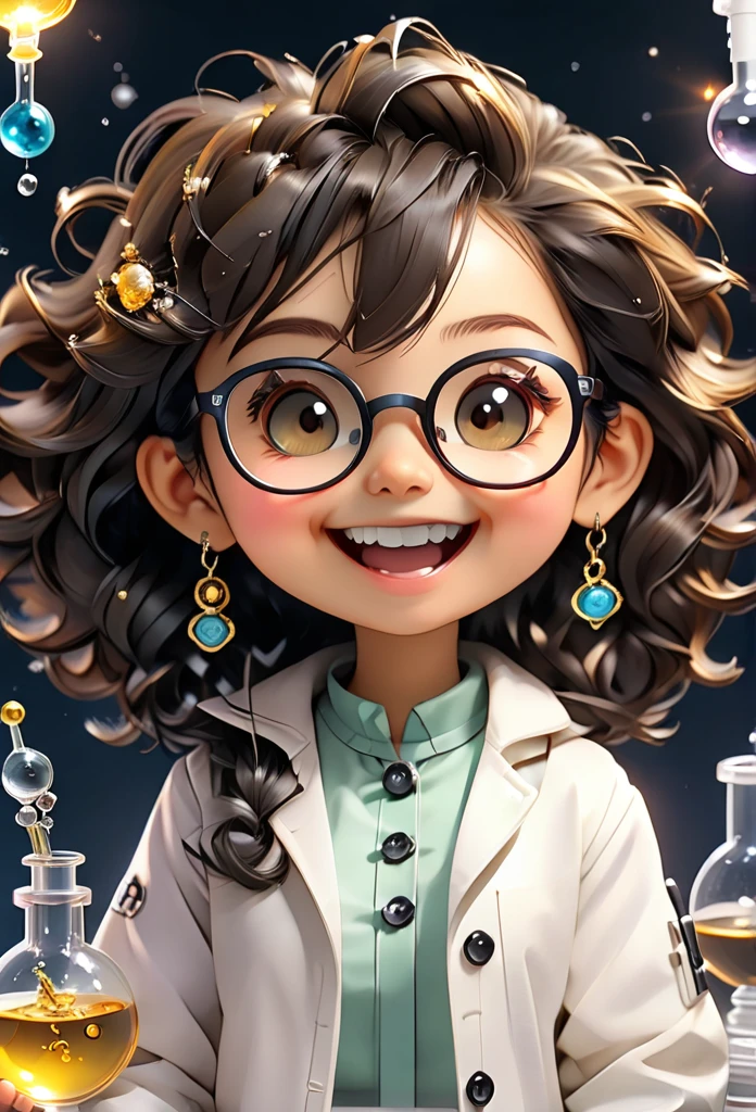 (((Chibi Baby UHD)))Chemistry remains with its original characteristics (your eyes are the color of honey ) (chibi wears 1 pearl ball earring )MASCOT and , atoms, Molecules ,Has black hair , Blind box style and model with popular market style, The sunlight shines, , hyper qualit, sharp features, Ultra HD and 8K resolution,Cool Hand Drawn Illustration，fly away (Inside out disgusting), Create a series of best quality cute chibi dolls,ultra details,realisitic,Science Laboratory,Chemical experiment,ultra HD, chemical equipment,scientists working,cups,UHD Bunsen Burner ,Microscope,laboratory glassware,measuring cylinders,labcoats,Round nerd glasses ,science books,Periodic table,scientific research,discoveries,new inventions,Innovation,aprendizagem,education,Scientific culture wears coat with details of buttons and brooches , her coat is charming and cute with ultra chemical details ,Curiosidade,Technological advancements,swirly vibrant colors,soft lighting,modern laboratory,nerdy atmosphere,laboratory instruments,hypothesis testing,Scientific method,symbolic representation,Critical thinking,Experiments ,Precision,Precision,details Intricate,impressive scientific setup,natural elements,exploration of the mysteries of science,unlocking the secrets of nature. Baby chibi is happy and excited, remember to use chemical laboratory glassware, The blackboard behind the cute chibi baby is written the structure of caffeine in white chalk 18K UHDBlack hair, pretty long hair, American propaganda poster, shine light, 3D rendering, laughter, 