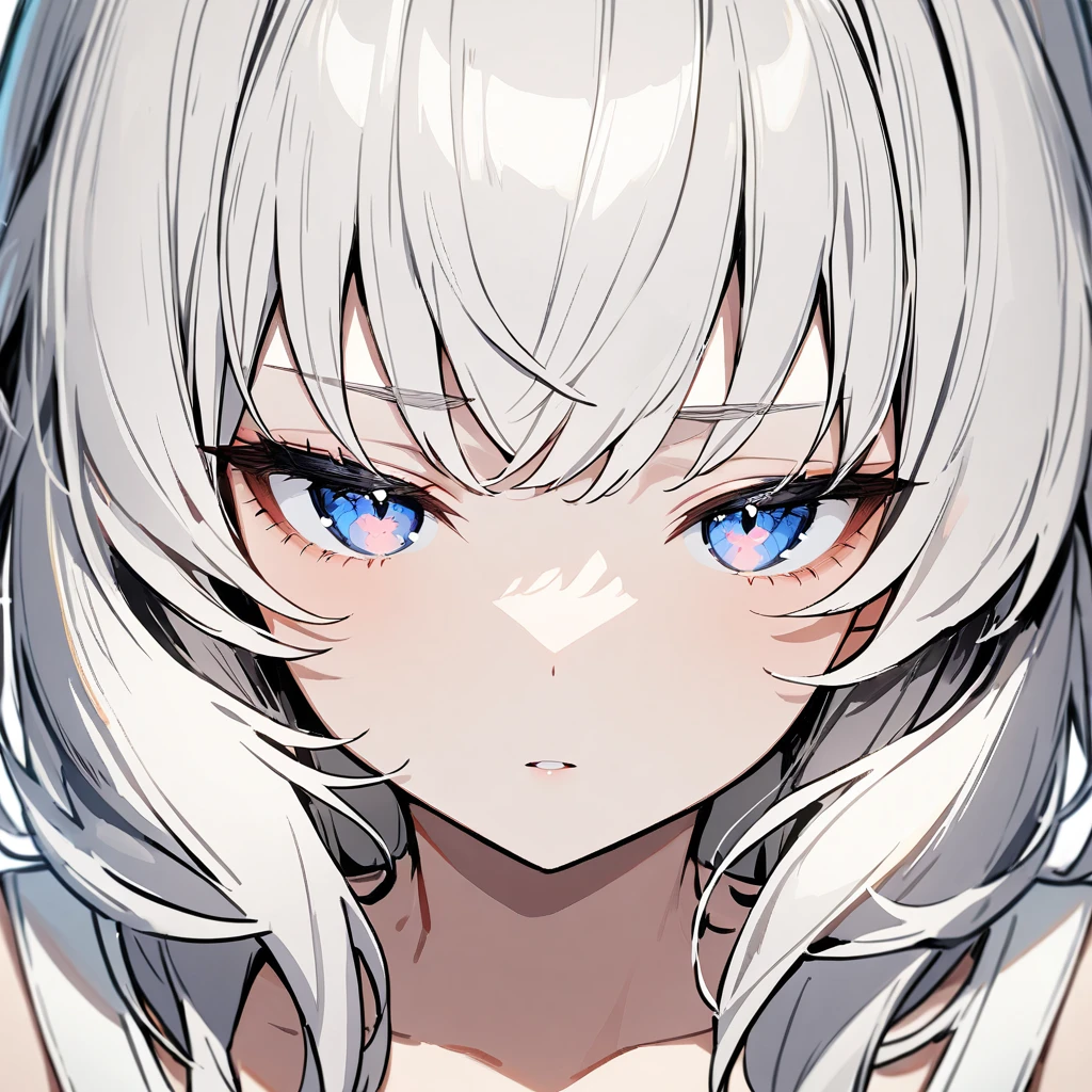 1girl,Solo,portrait,upper body,White hair,face,eyes,(breasts focus:1.2),straight-on,masterpiece,best quality,very aesthetic,absurdres,half eyes,(simple background),(Low Saturation)
