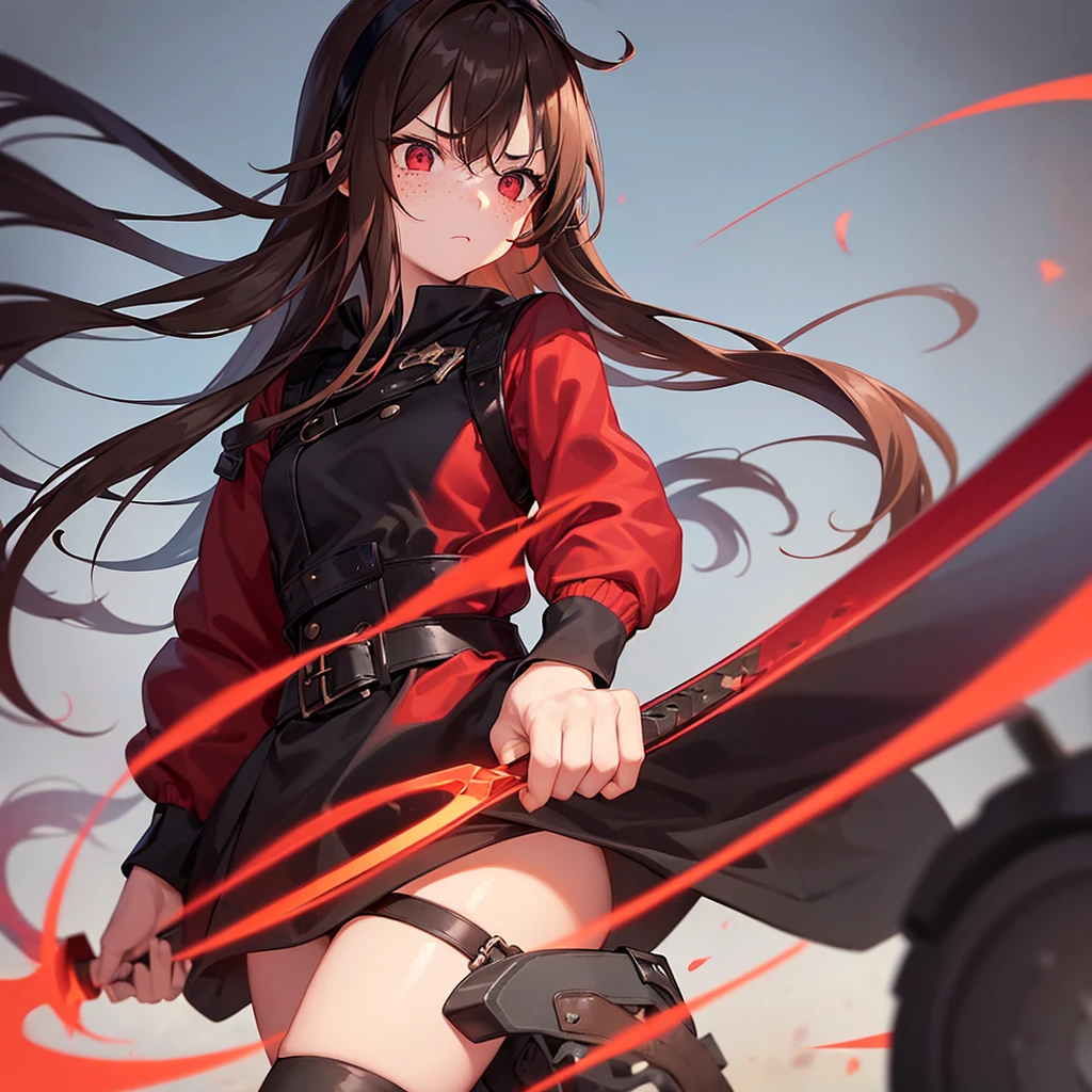 1 girl, long brown hair, red eyes, Freckles, fair skin, black headband, red jacket, black top, black skirt, black boots, long black socks, serious facial expression, Red ribbon, a sword in his hand