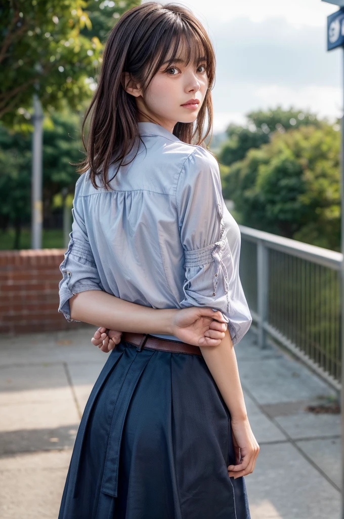 The woman has her hands tied、((Place your hands behind your back))、((Place your hands together and cross them behind your back))、((Her wrists are tied with rope))、beauty、20Year、university student、(anatomicaly, Has two arms and two hands)、Standing on a hill at night、There are a lot of trees、Beautiful night sky、There are many stars、A strong wind is blowing、Wearing a short-sleeved blouse、Wear a long skirt、Uniform eyes、Well-proportioned physique、Small breasts、Small face、(I can see from head to heel), Black Hair, bangs, swept bangs, Straight hair, Nervous, Messy Hair, debtloating hair, Cinema Lighting, tachi-e, debtirst-person view, throw, debtrom behind, debt/1.2, Nikon, Cowboy Shot, Surrealism, 超High resolution, Highest quality, High resolution, 8k, Textured skin, anatomicaly正しい体,