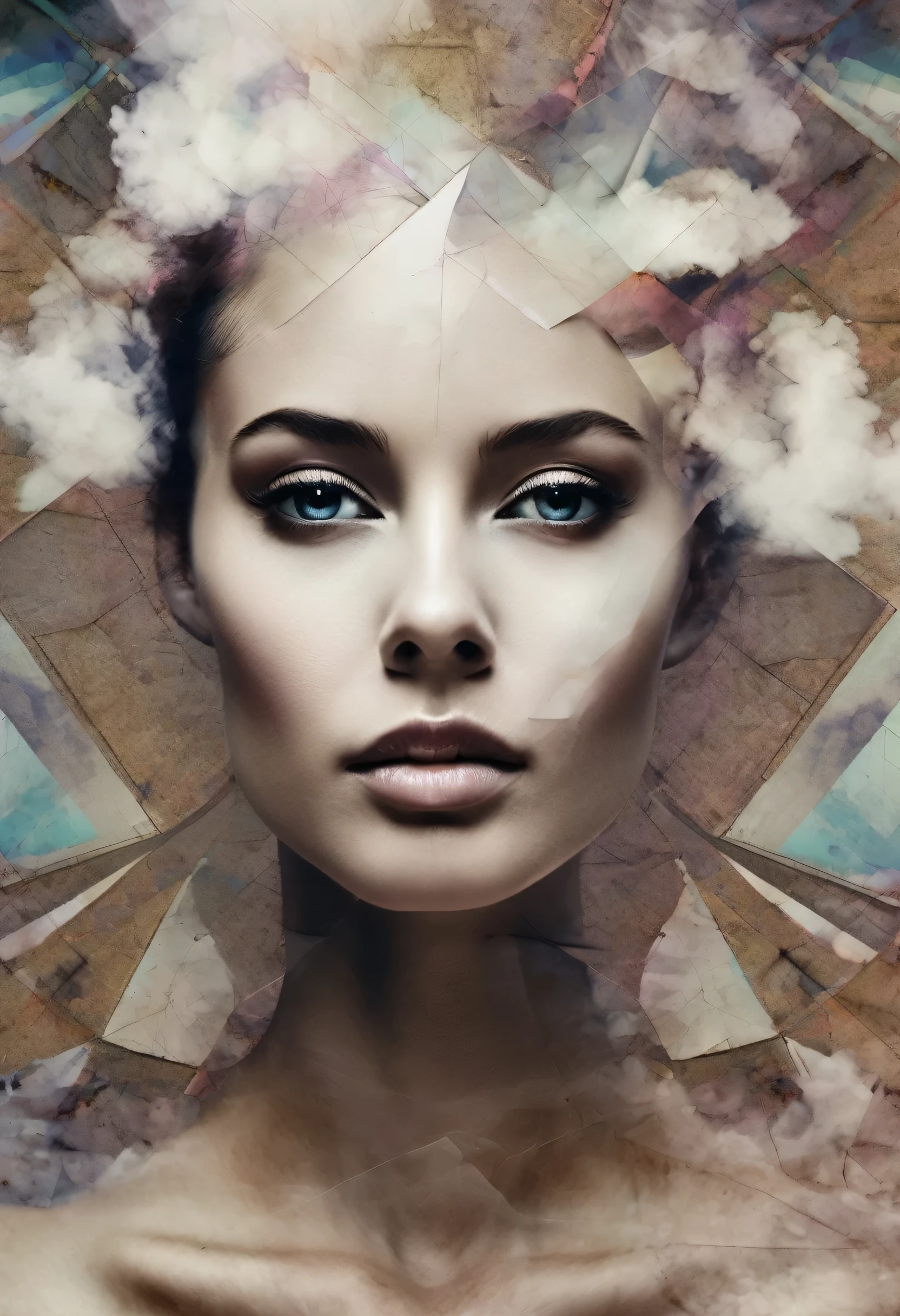 Pink, ultra detailded artiStic abStract photography of geometrical woman face, Beautiful white rose flower by the sea, Sunnyday, white cumulus clouds, detailded Symmetric circular iriS, broken paper fragments, natural body posture, art by alberto seveso, por Guy Denning, comi no John&#39;S, por RuSS MillS, by Gustav Klimt, Symmetrical, abstract art style, complex and intricate watercolor painting, sharp looking eyes, digitalpainting, color explosion, sheen, colorfully, conceptual artwork, volumetric lighting, metallic reflections, 8k, By Artgerm, trends on ArtStation, 16k resolution, 300 dpi, 600 dpi, 4K, contest winner, High definition, golden eyes , detailded, realisitic, 8K  UHD, high qualiy