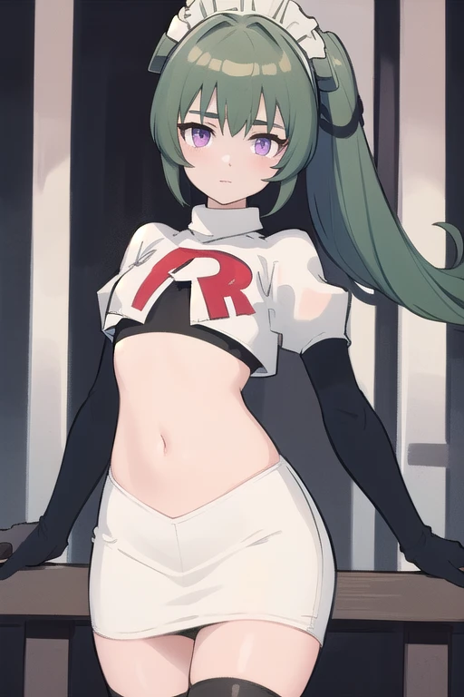 (best quality:1.3),(masterpiece:1.3),(illustration:1.3),(ultra-detailed:1.3),(imid shot:0.9),
1girl,solo,short neck,small breasts,
purple eyes,
twintails, maid headdress,green hair, team rocket,team rocket uniform,white skirt,red letter R,crop top,black thigh-highs,black elbow gloves