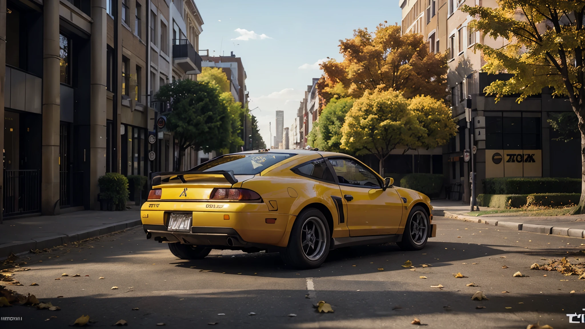 300ZX, yellow taxi,drift car parked on a street covered with leaves in autumn in a (city:1.3), fall, global illumination, volumetric lighting, best quality, highly detailed, cgi, illustration, octane render,