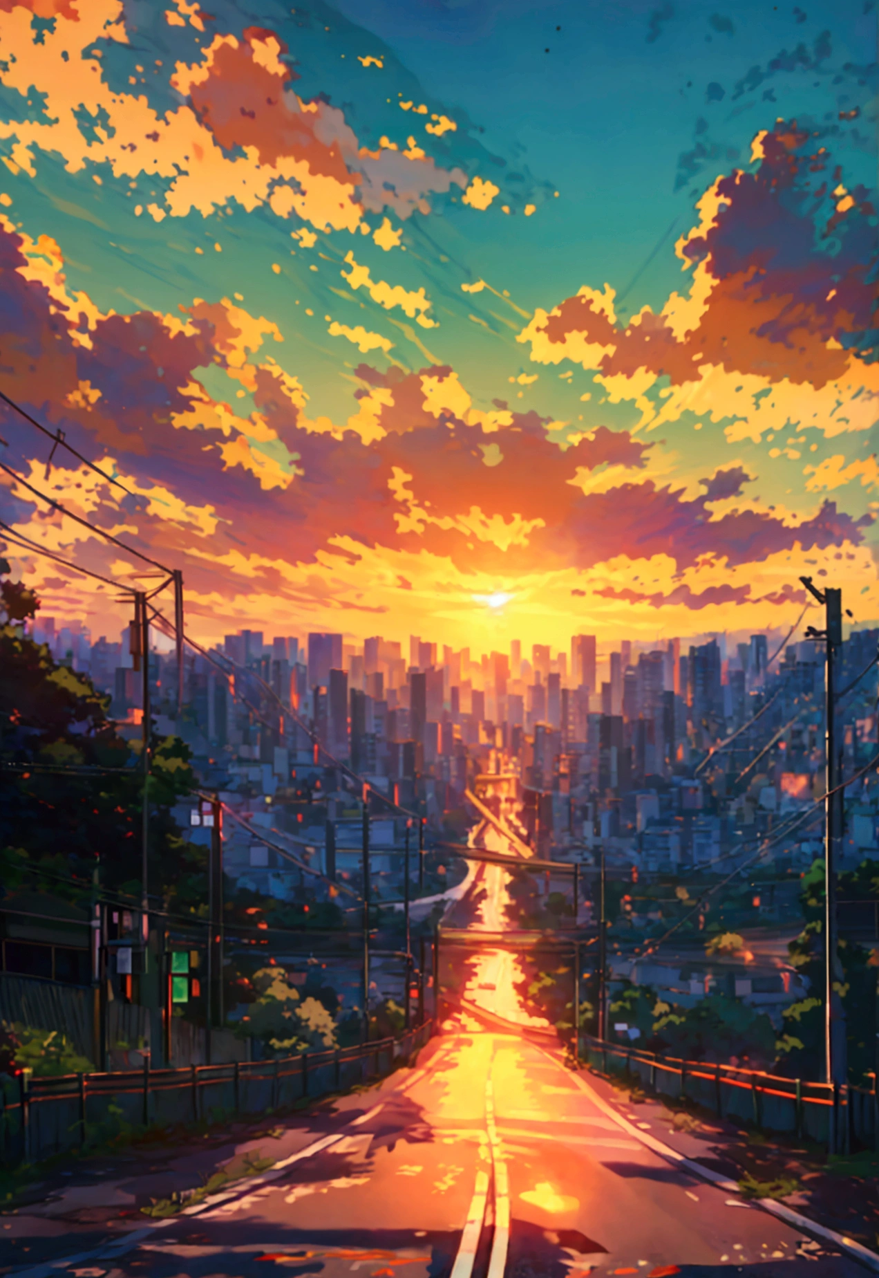((Standing on a hill)), ((watching the city sun rise)), ((under the hill there is a highway)), ((tokyo city with roads and electricity poles)), ((different types of buildings)), ((moderate traffic on the road)), ((highly detailed)), ((extremely detailed)), ((detailed)), ((4k)), ((8k)), ((16k)), ((hd)), ((ultrahd)),((mokoto shinkai)), ((shinkai)),((masterpeice)), ((excellent colour selection)), ((perfect shadows)), ((anime scene)), ((wide shot)), ((camara location at the top the hill)), ((behind the fences)).