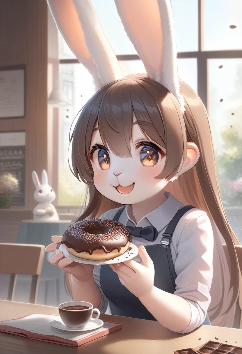((Masterpiece)), ((Best Quality)), (Very Detailed), ((Very Detailed)), 4K, (8K), very aesthetic, absurdres highres, 1 girl, (anthropomorphic Rabbit, furry, kemono:1.5), Inside a cafe, a girl wearing casual clothes is happily eating a chocolate donut. The interior of the cafe is bathed in warm natural light, creating a warm atmosphere. The girl's smile shines and the donut's chocolate melts in a realistic depiction.