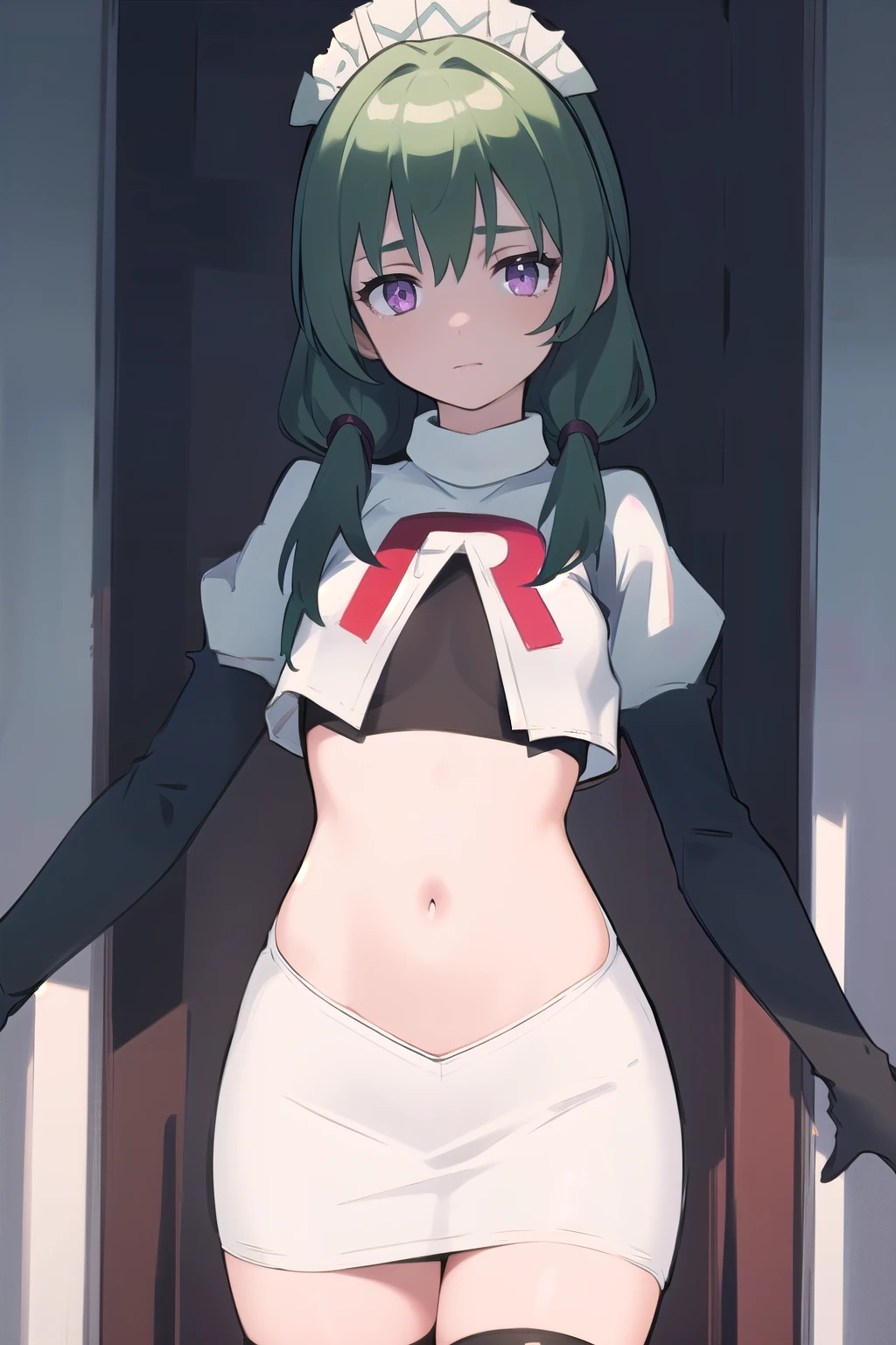 (best quality:1.3),(masterpiece:1.3),(illustration:1.3),(ultra-detailed:1.3),(imid shot:0.9),
1girl,solo,short neck,small breasts,
purple eyes,
twintails, maid headdress,green hair, team rocket,team rocket uniform,white skirt,red letter R,crop top,black thigh-highs,black elbow gloves