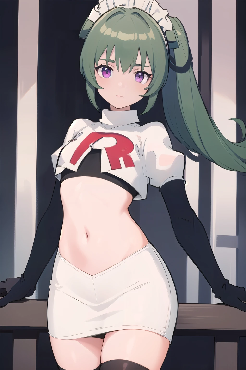 (best quality:1.3),(masterpiece:1.3),(illustration:1.3),(ultra-detailed:1.3),(imid shot:0.9),


1girl,solo,short neck,small breasts,



purple eyes,


twintails, maid headdress,green hair, team rocket,team rocket uniform,white skirt,red letter R,crop top,black thigh-highs,black elbow gloves