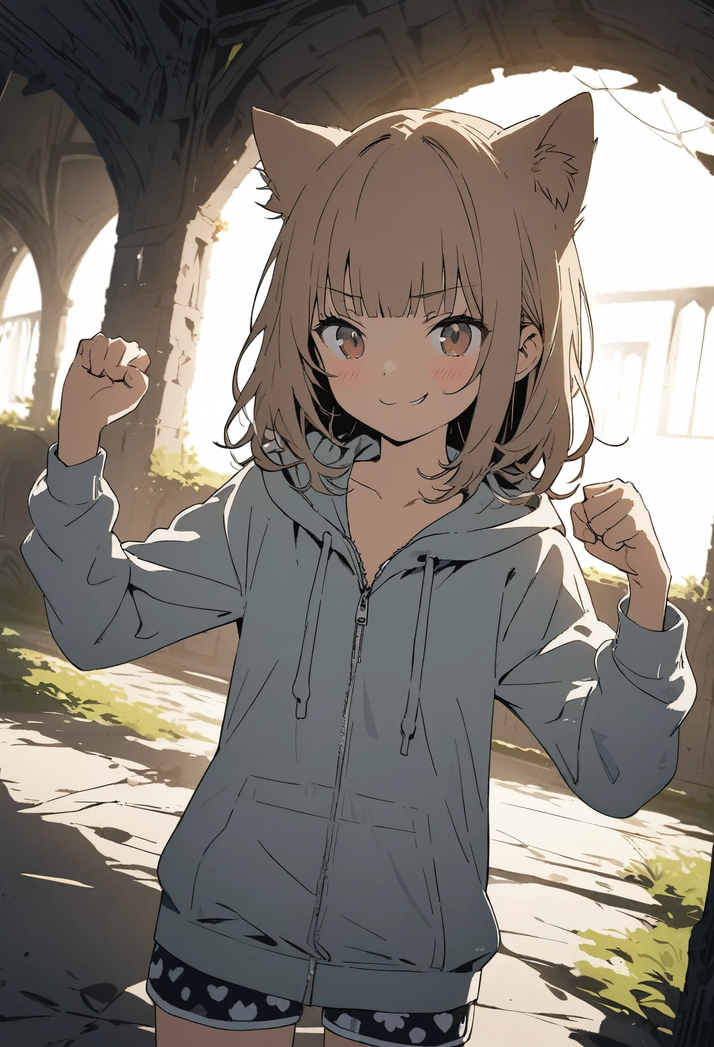 ((Masterpiece)), ((best quality)), ((kawaii)), (flat color), (flat shading), (super detail:1.2),(High Definition:1.3), (Professional Photography:1.2), (wide shot), (sharp focus), (perfect light), (drop shadow), (()), (1girl), (morning), messy medium hair, Beautiful collarbone, (cute hoodie with zipper), cleavage, cute boxer shorts, (Healthy slim body), (loose blunt bangs), Slender body, glossy skin, (smug), (:3), ((Beautiful brown eyes)), Textured skin, (Cat ears), Pale brown hair, Cute Beautiful Girl, (slightly exposed small chest), BREAK, ((best quality)), Dynamic angles, ((raise fist)), (in the Mossy abandoned church), (sharp focus), perfect hands, (perfect light),