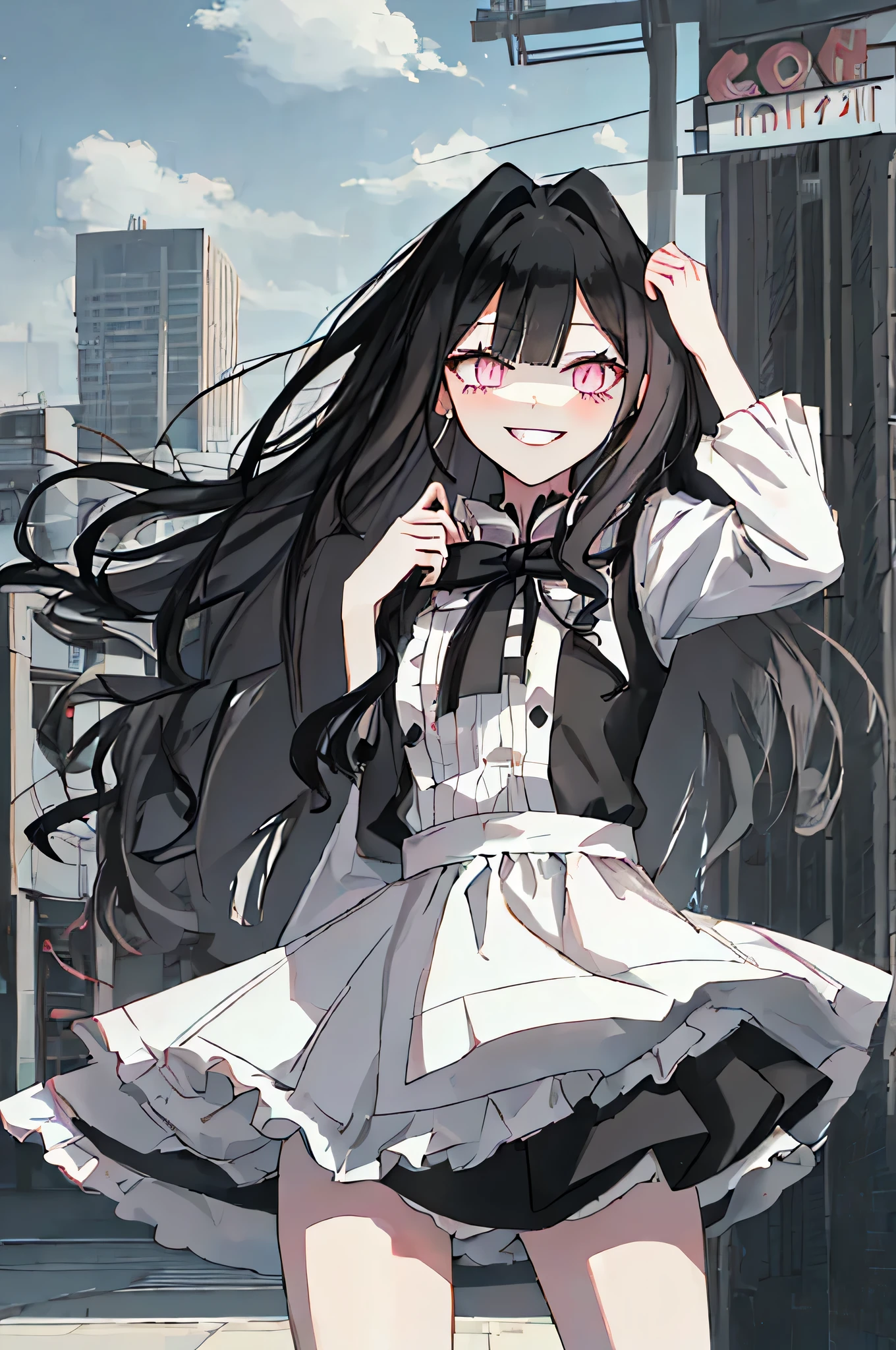 (solo), (girl),(((adult))), (pink eyes),((black long hair)),(blunt bangs),(+perfect hand+:1.21),(Draw an illustration of cute girl),(slender),white skin,(white and black maid clothes),laugh,smile,((((adult)))),standing , black and white clothes,((black long hair)),((black long hair)),((black long hair)),((black long hair)),((dynamic angle)),(dynamic pose), hall,evil smile,((city background)),