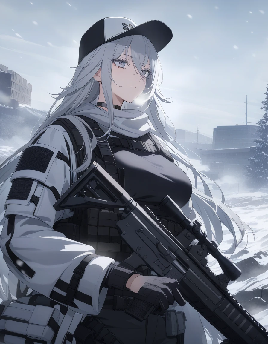 sovetsky_Soyuz, grey hair, long hair, tactical jacket, white winter camo jacket, black pants, choker, webbed belt, tactical, pouches, body armor, first rate breasts, grey eyes, sharp eyes, Long eyelashes, eye shadow, ominous vibe, expressionless, stoic, relaxing, Ultra quality, UHD, high detail, anime aesthetic, Anime screenshot, Ultra quality, UHD, high detail. Winter, snowstorm, battlefield, breath vapor, smoking, trucker cap, scarf, assault rifle, firearm