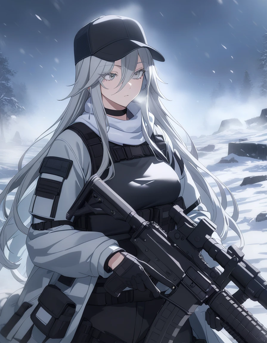 sovetsky_Soyuz, grey hair, long hair, tactical jacket, white winter camo jacket, black pants, choker, webbed belt, tactical, pouches, body armor, first rate breasts, grey eyes, sharp eyes, Long eyelashes, eye shadow, ominous vibe, expressionless, stoic, relaxing, Ultra quality, UHD, high detail, anime aesthetic, Anime screenshot, Ultra quality, UHD, high detail. Winter, snowstorm, battlefield, breath vapor, smoking, trucker cap, scarf, assault rifle, firearm