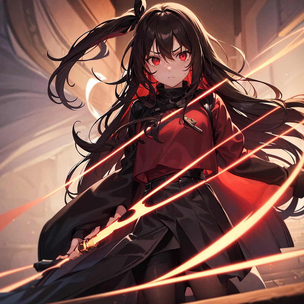 1 girl, long brown hair, red eyes, Freckles, fair skin, black headband, red jacket, black top, black skirt, black boots, long black socks, serious facial expression, Red ribbon, a sword in his hand