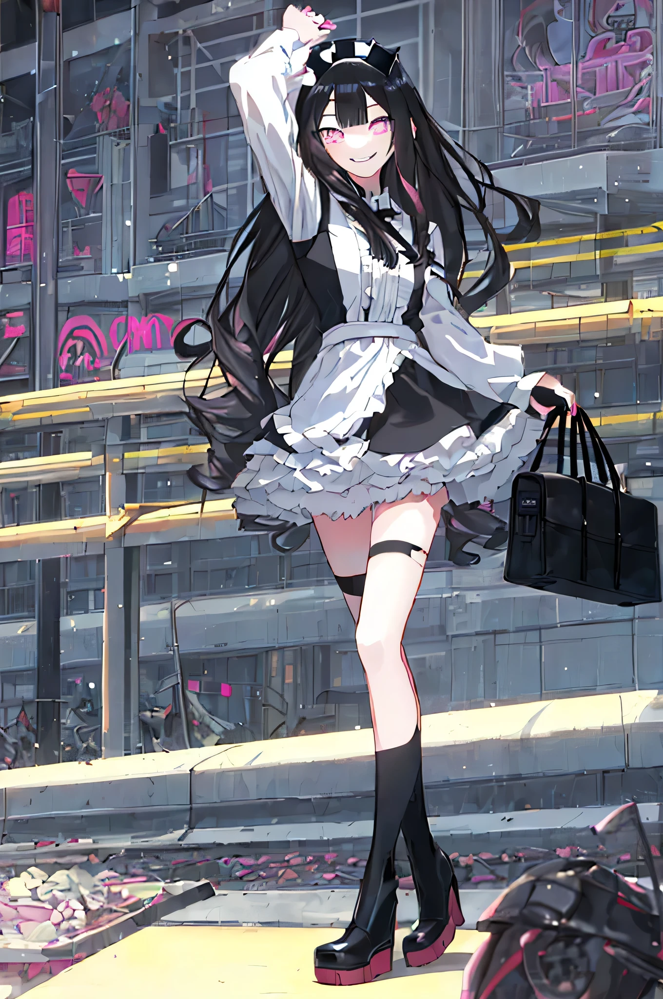 (solo), (girl),(((adult))), (pink eyes),((black long hair)),(blunt bangs),(+perfect hand+:1.21),(Draw an illustration of cute girl),(slender),white skin,(white and black maid clothes),laugh,smile,((((adult)))),standing , black and white clothes,((black long hair)),((black long hair)),((black long hair)),((black long hair)),((dynamic angle)),(dynamic pose), hall,evil smile,((city background)),