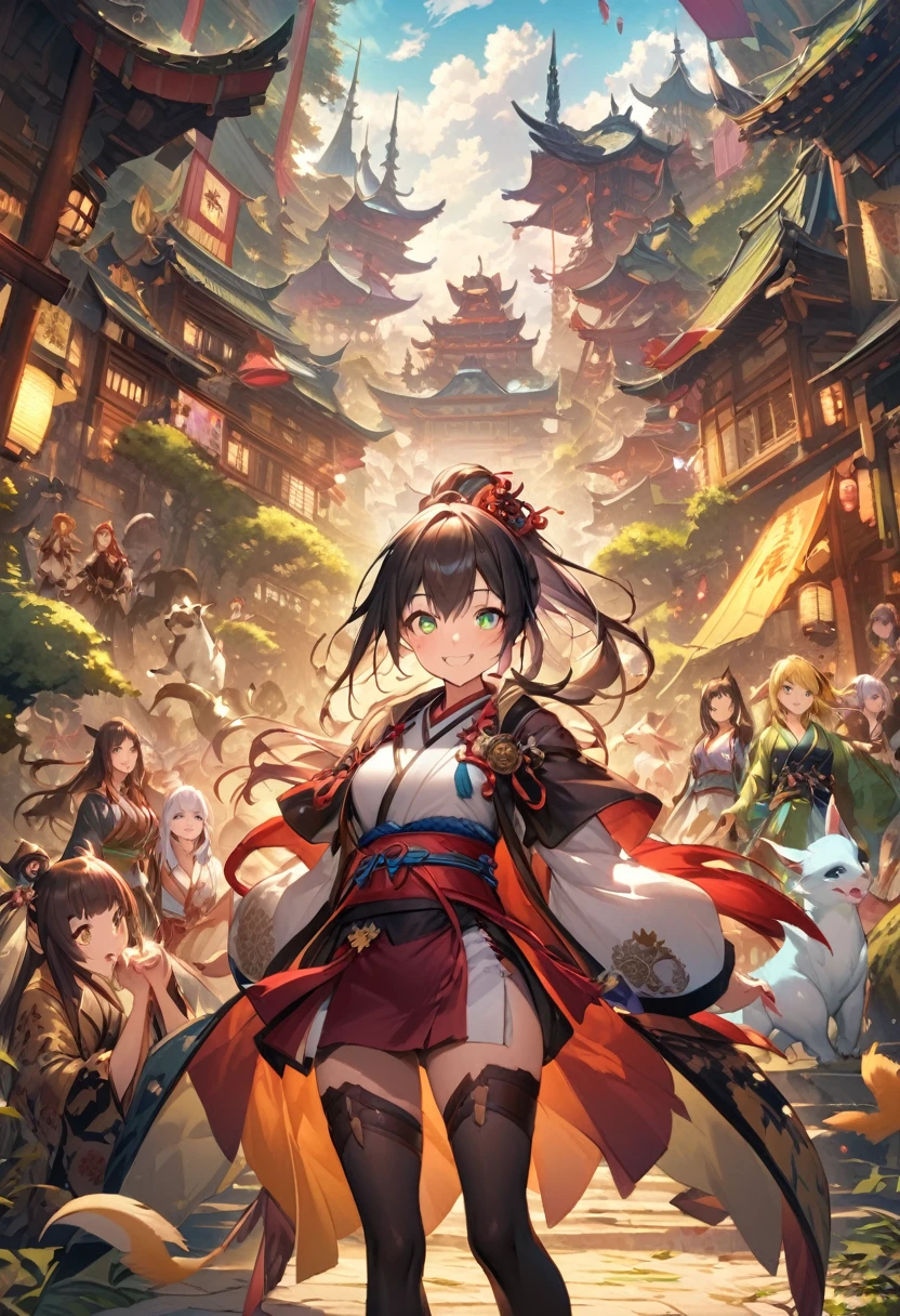 mysterious forest、lots of animals、fantasy、state of the city、Japanese style、high detail、anatomically correct、lots of teenage girls、Gradient colored eyes、smile、The beginning of a great adventure