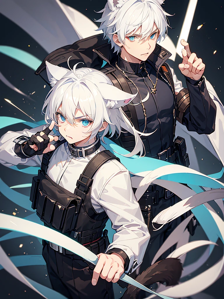 Boy with cat ears and tail and white hair and blue eyes anime type and bulletproof vest with a brown fur jacket with wool on the collar anime type raising his middle finger angry
