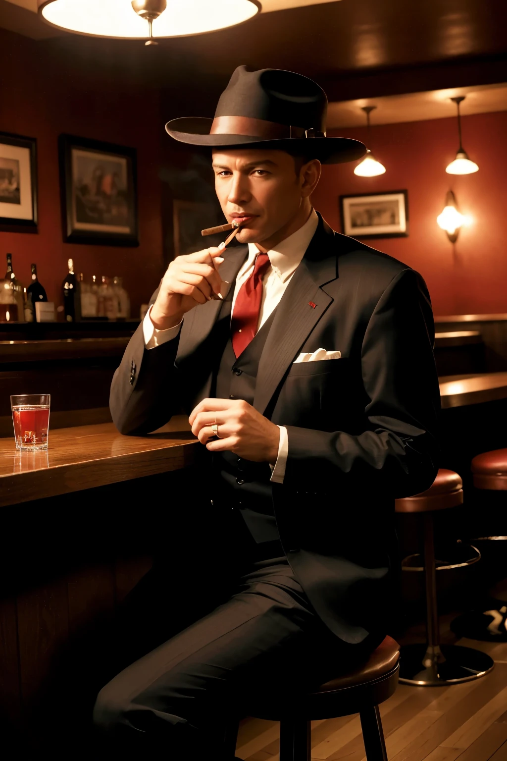 man with his hand in a Frank Sinatra-style hat in the lower left corner in a 1950s bar setting, dark and reddish environment, having cigar smoke and some cigars