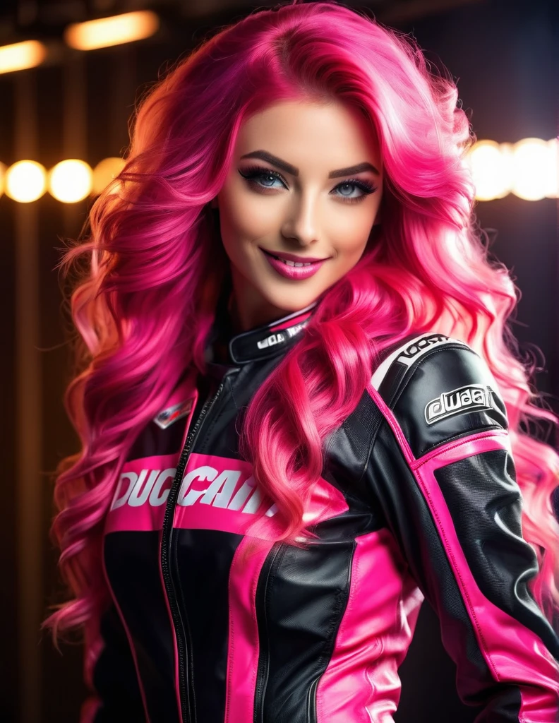 Very attractive 25 year old caucasian female with long wavy bright pink hair, (best quality,ultra-detailed,photo-realistic:1.37),bright and vibrant colors,studio lighting,playful expression,stylish makeup,long bright pink hair flowing in the wind,alluring eyes,glossy lips,sexy pose, Ducati, Racing Suit, smiling in a confident and seductive way,posing for a professional photoshoot,shallow depth of field,highlighting the main subject,soft natural lighting,creating a dreamy and magical atmosphere. photo quality