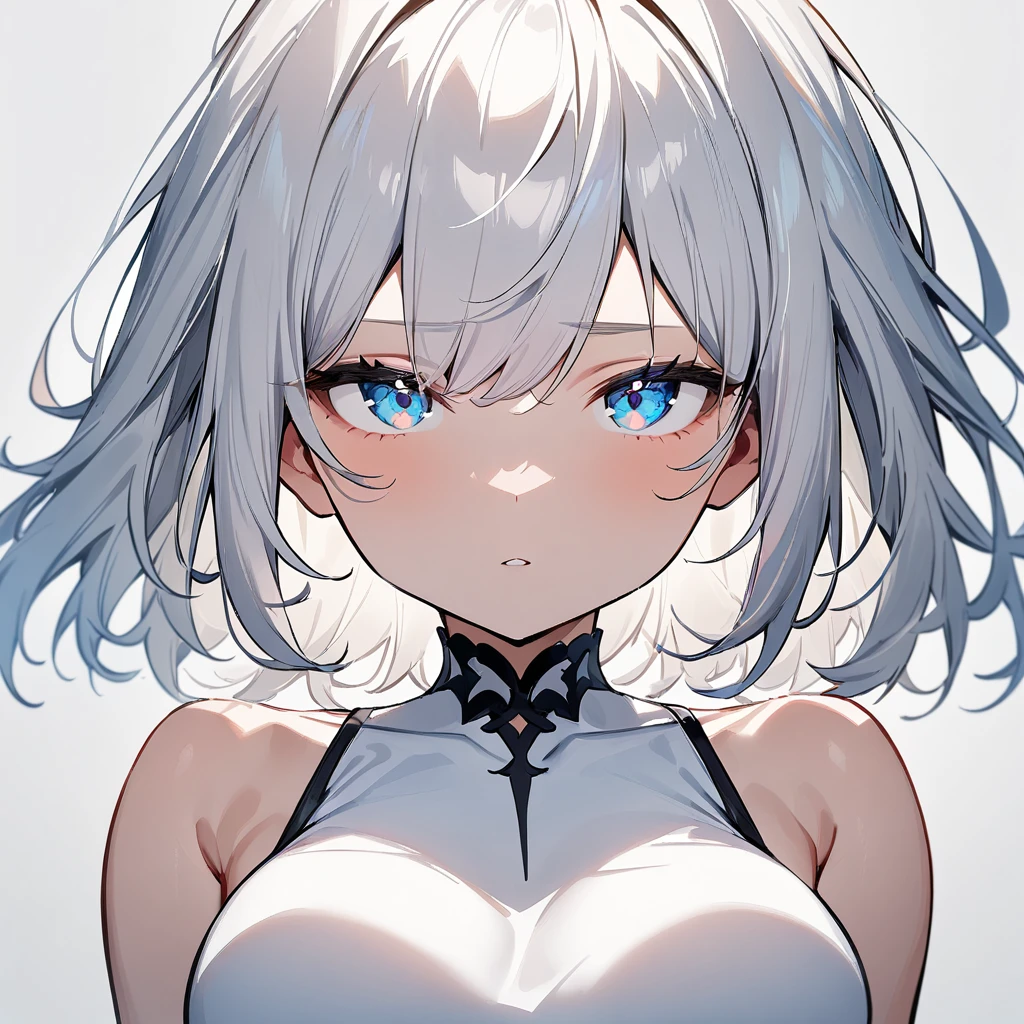 1girl,Solo,upper body,White hair,face,eyes,(breasts focus:1.2),straight-on,masterpiece,best quality,very aesthetic,absurdres,half eyes,(simple background),(Low Saturation)